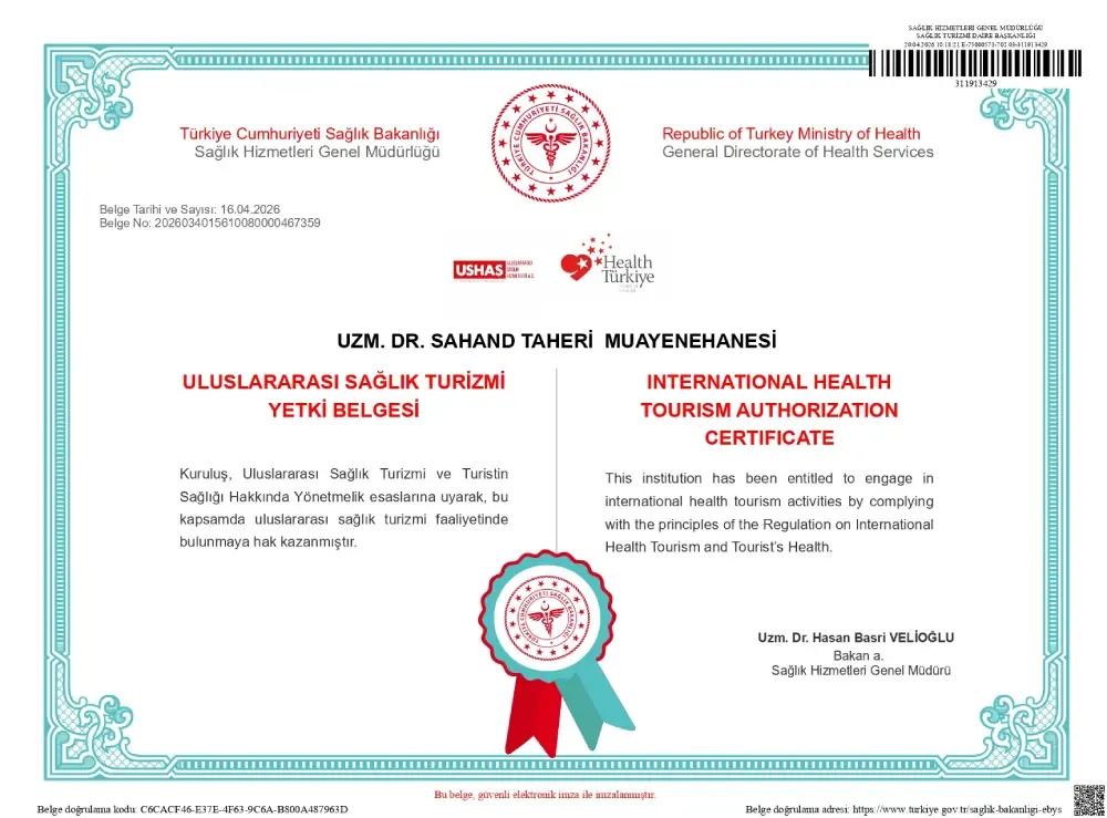 International Health Tourism Authorization Certificate issued to Uzm. Dr. Sahand Taheri Muayenehanesi by the Republic of Türkiye Ministry of Health